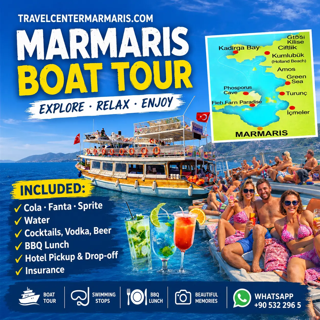 Marmaris Boat Trip with BBQ Lunch, Hotel Transfer & Unlimited Soft Drinks